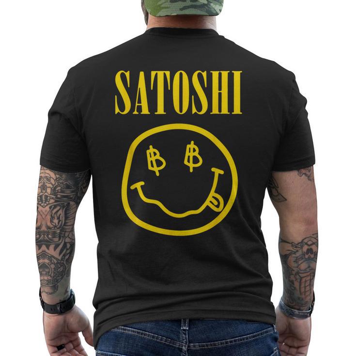 Satoshi Nakamoto Gelbes Lächeln T-Shirt mit Rückendruck