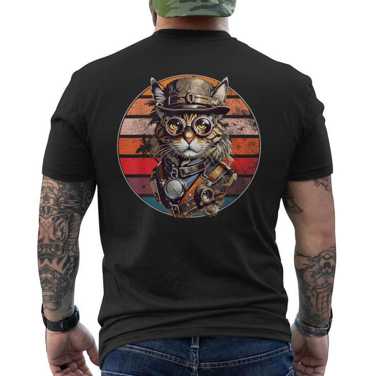 Steampunk Cat Retro Sunset Glasses Hat And Watches T-Shirt mit Rückendruck