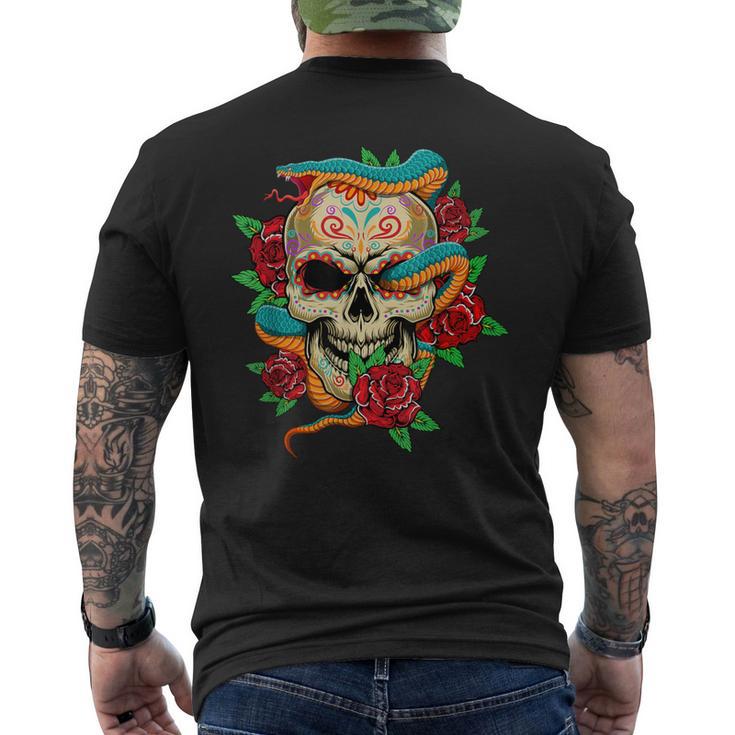 Sugar Skull Day Of Dead Cool Bone Head Skulls Snake Rose Men's T-shirt Back Print