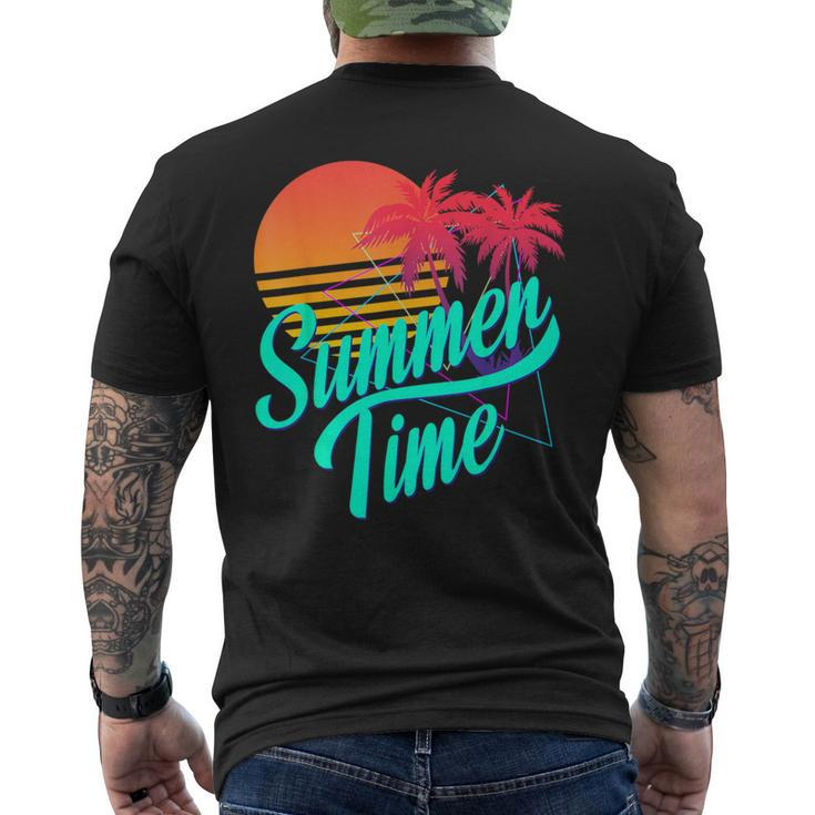 Summer Time Retro 80S Beach Scene With Palm Trees & Sunset Men's T-shirt Back Print