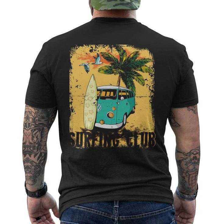 Surfing Summer Beach Hippie Van Bus Surfboard Palm Tree Men's T-shirt Back Print