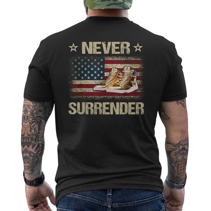 Never Surrender Gold Sneakers Pro Trump 2024 Men's T-shirt Back Print