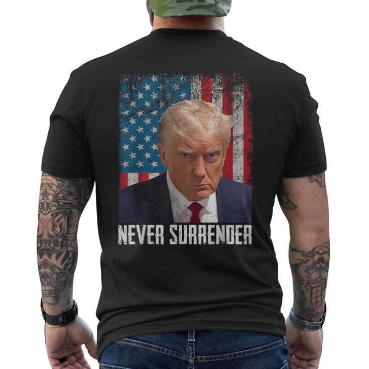 Never Surrender Trump Shot 2024 President American Flag Men's T-shirt Back Print