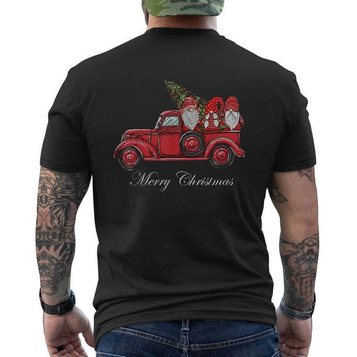 Three Gnomes In Red Truck With Merry Christmas Tree Mens Back Print T-shirt