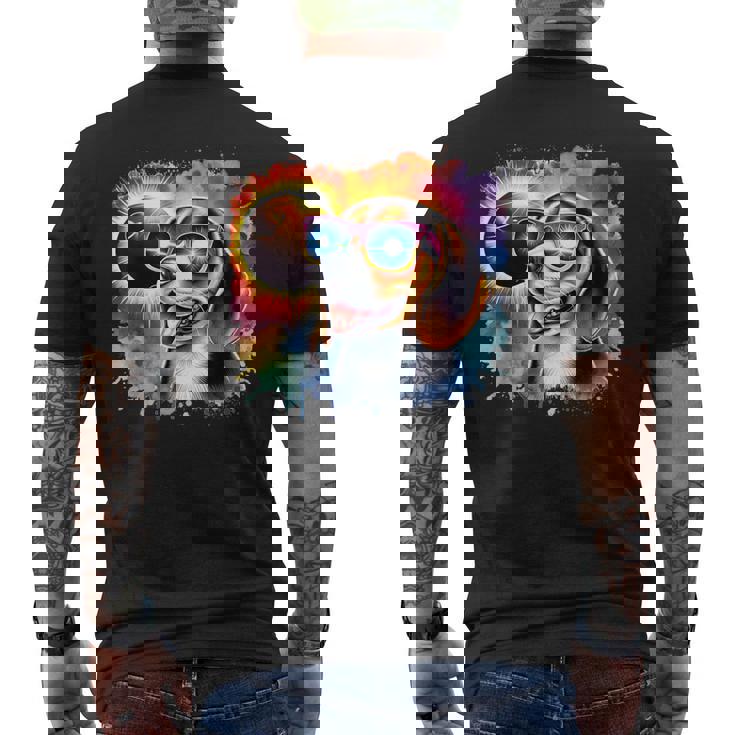 Total Solar Eclipse 2024 Colorful Beagle Dog Wearing Glasses Men's T-shirt Back Print