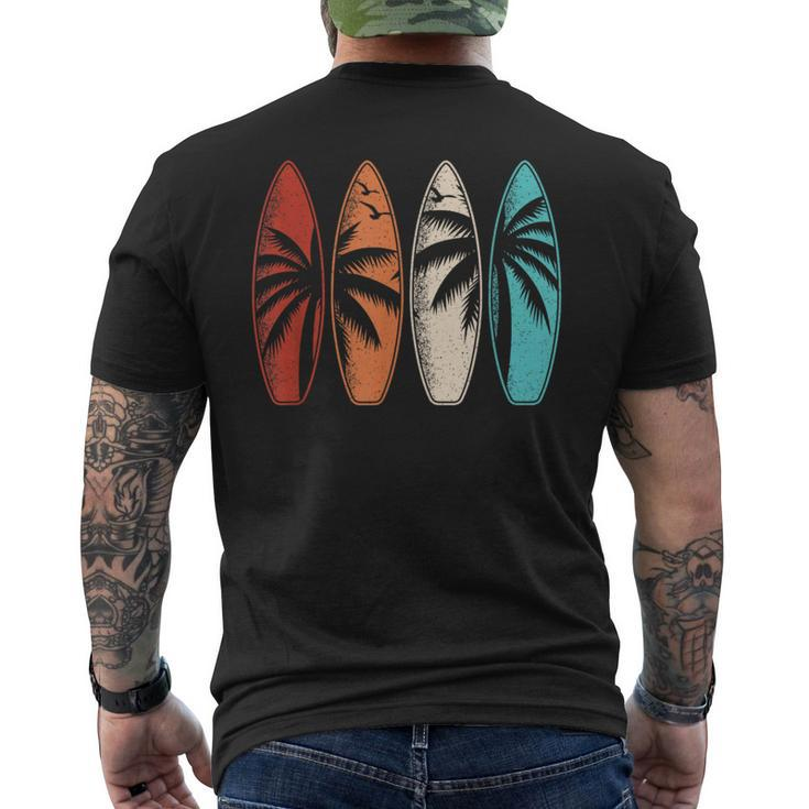 Tropical Hawaii Palm Tree Surfing Beach Surfboard Retro Surf Men's T-shirt Back Print