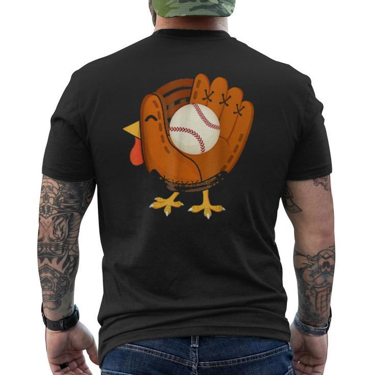 Turkey Baseball Glove Thanksgiving Day Catchers Boys Dads Mens Back Print T-shirt