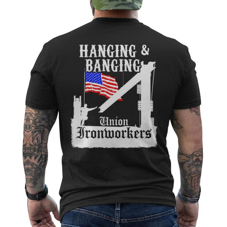Union Ironworkers Hanging & Banging American Flag Pullover Men's T-shirt Back Print