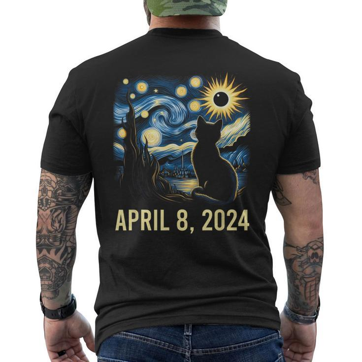 Van Gogh Starry Night Cat Total Solar Eclipse April 8 2024 Men's T-shirt Back Print