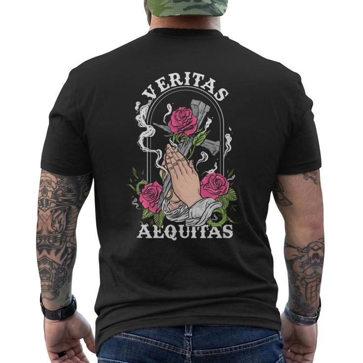 Veritas Aequitas Cross Roses Praying Hands Pray God Men's T-shirt Back Print