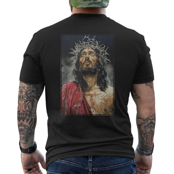 Vintage Face Of Jesus On A Cross With Crown Of Thorns Men's T-shirt Back Print