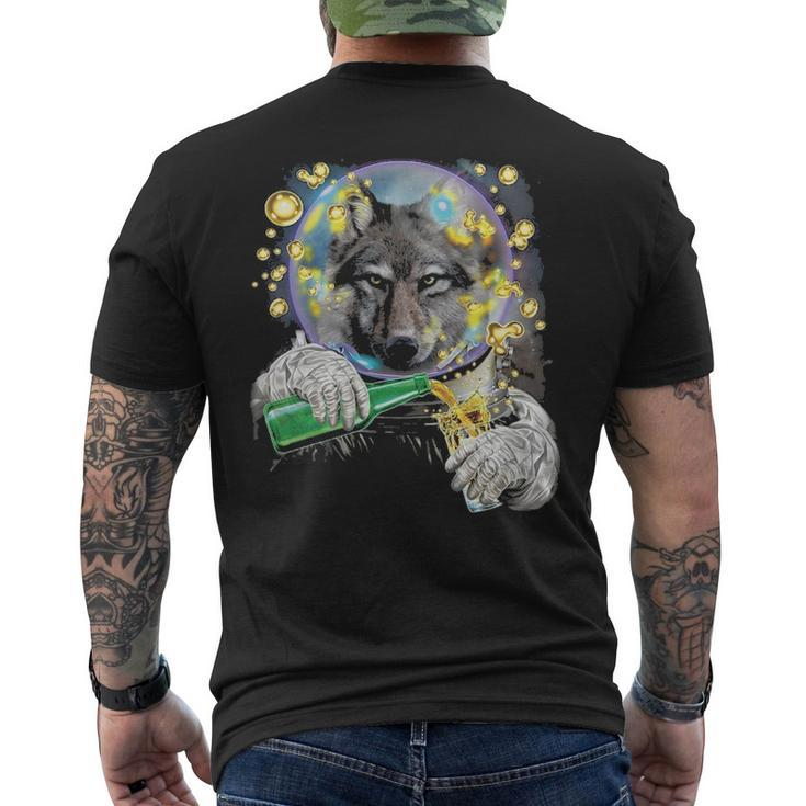 Wolf As Astronaut In Space Enjoying Drink Men's T-shirt Back Print