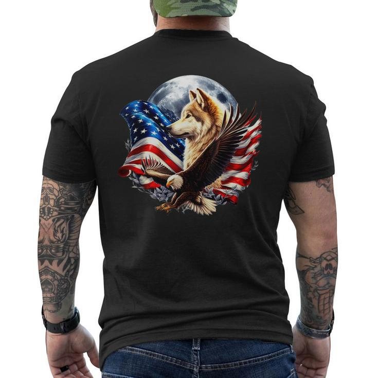 Wolf Bald Eagle American Flag Full Moon New Years Wolf Lover Men's T-shirt Back Print