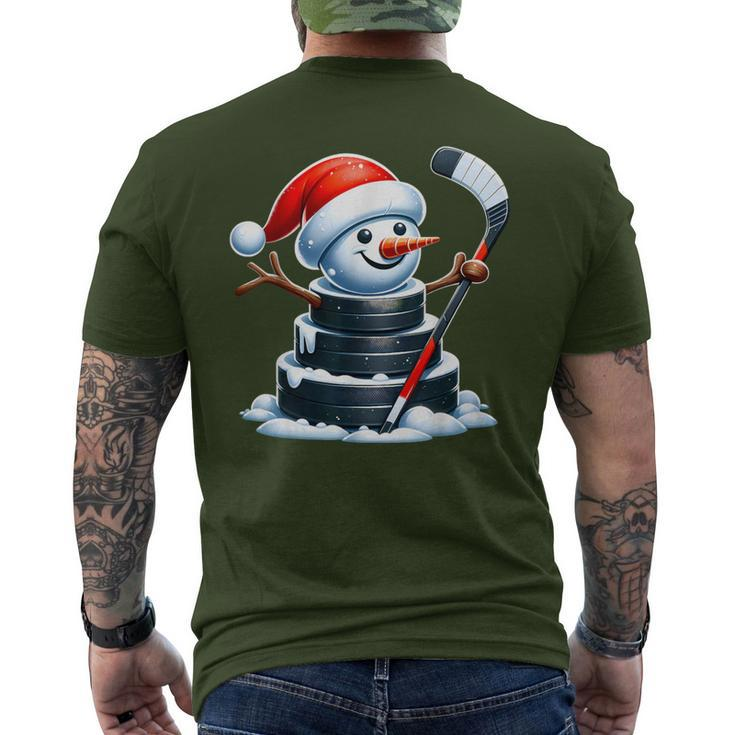 Cartoon Ice Hockey Puck Snowman With Santa Hat Christmas Men's T-shirt Back Print