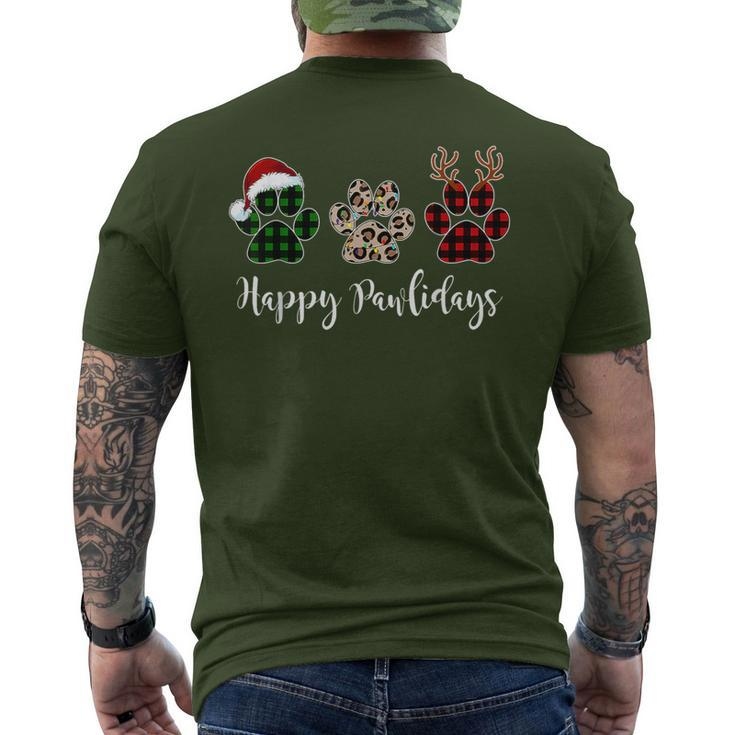 Happy Pawlidays Dog Paws Buffalo Plaid Leopard Christmas Men's T-shirt Back Print