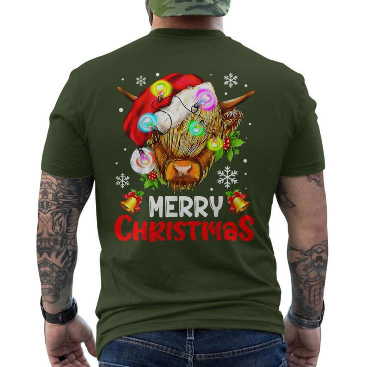 Merry Christmas Highland Cow Western Santa Hat Xmas Pajamas Men's T-shirt Back Print