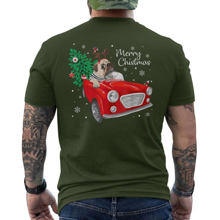 Merry Christmas Vintage Pug Dog Reindeer Red Truck Xmas Tree Men's T-shirt Back Print