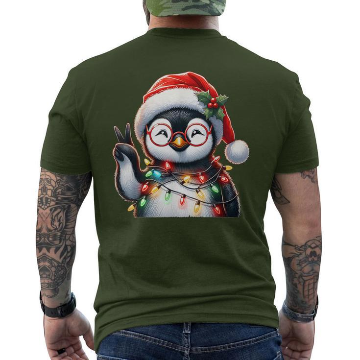 Peace Sign Hand Penguin Santa Christmas Penguin Pajamas Men's T-shirt Back Print
