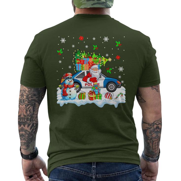 Santa Carrying Christmas Tree On Police Car Snowman Driver Men's T-shirt Back Print