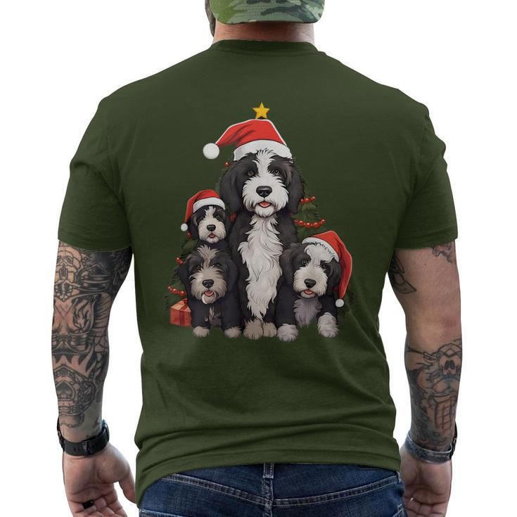 Xmas Sheepadoodle Dog Pile Up Christmas Tree Men's T-shirt Back Print