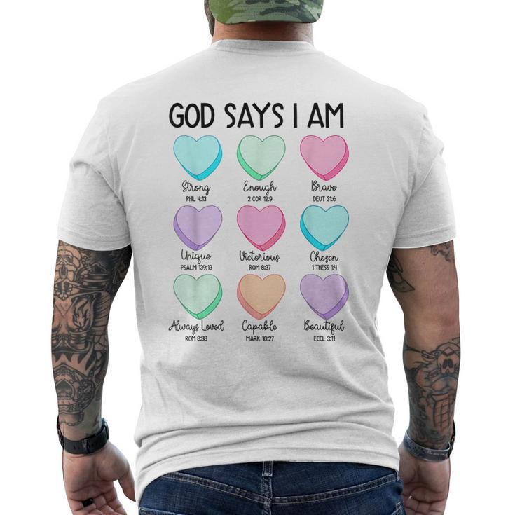 Christian Bible Verse God Says I Am Candy Heart Valentines Men's T-shirt Back Print