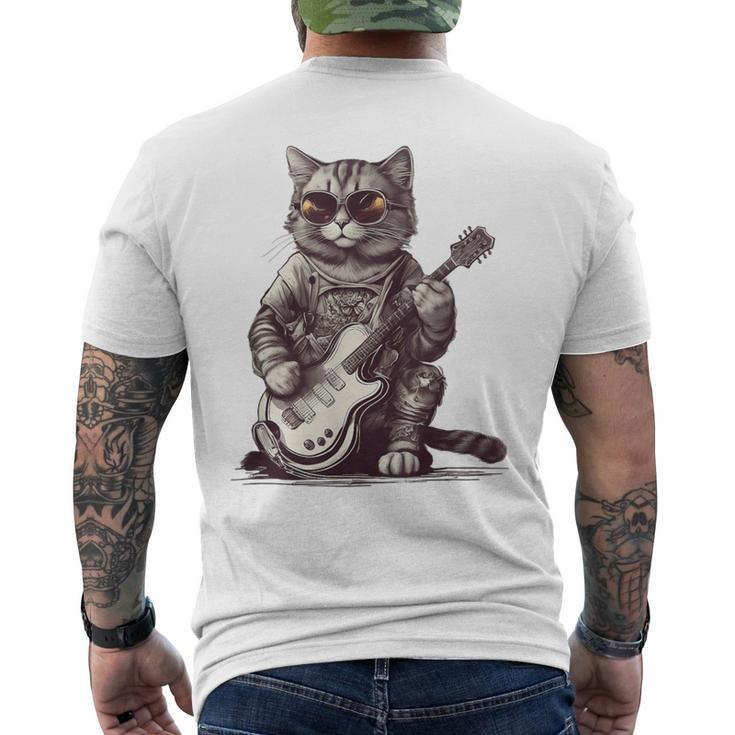 Cool Guitar Playing Cat With Glasses Band Rock Guitar Men's T-shirt Back Print