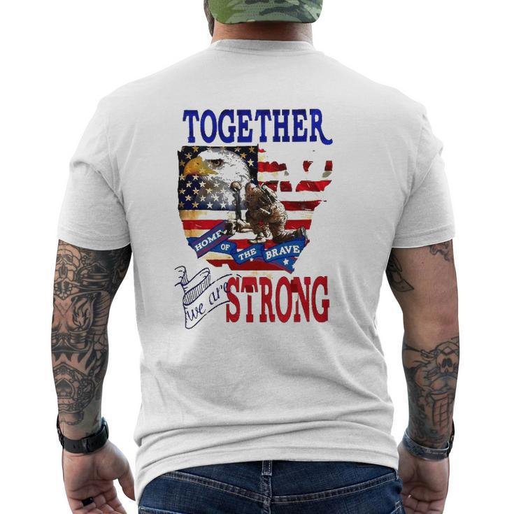 Happy 4Th Of July Home Of The Brave Together We Are Strong American Flag And Map Bald Eagle Patriotic Kneeling Veteran Mens Back Print T-shirt