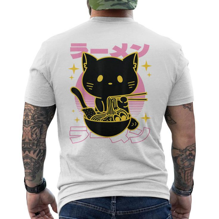 Kawaii Cat Eating Ramen Noodles Anime Neko Girls Men's T-shirt Back Print