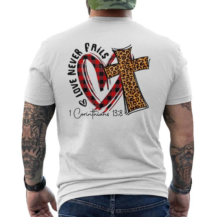 Love Never Fails 1 Corinthians 13 8 Bible Verse Christian Men's T-shirt Back Print