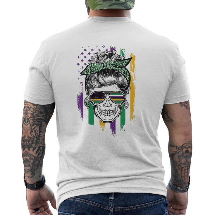 Mardi Gras Skull American Flag Mens Back Print T-shirt