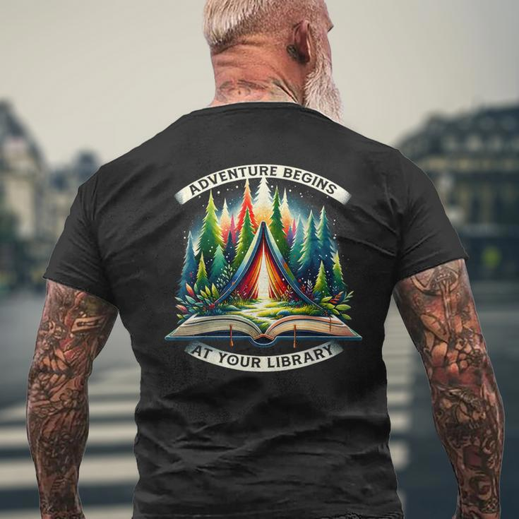 Adventure Begins At Your Library Outdoor Activities Reading Men's T-shirt Back Print Gifts for Old Men