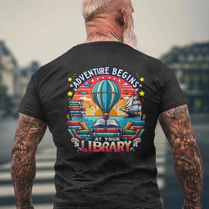 Adventure Begins At Your Library Summer Hot Balloon 2024 Men's T-shirt Back Print Gifts for Old Men