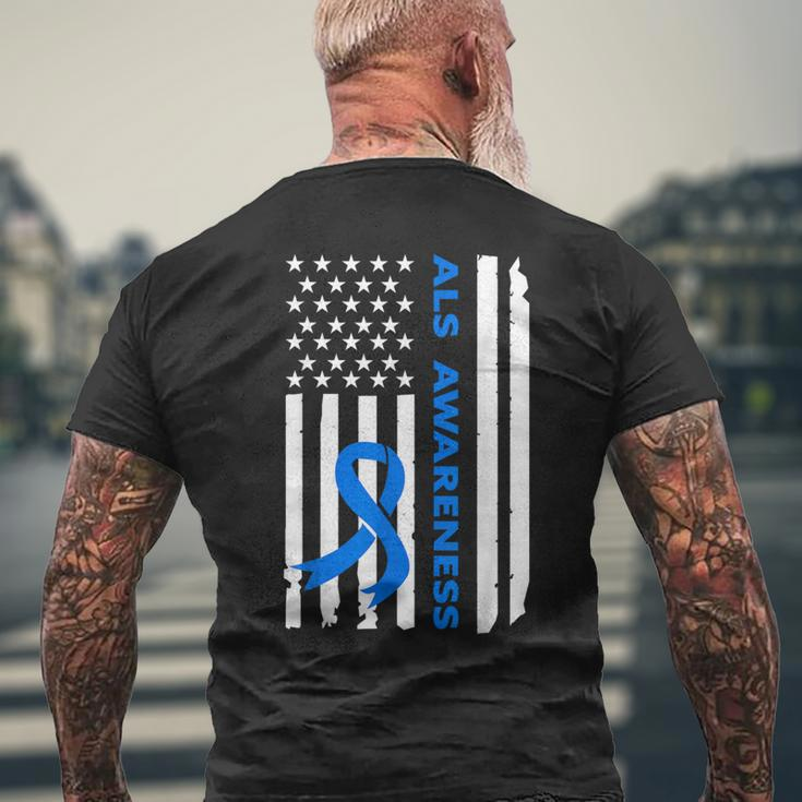 Als Awareness Blue Ribbon American Flag Men's T-shirt Back Print Gifts for Old Men