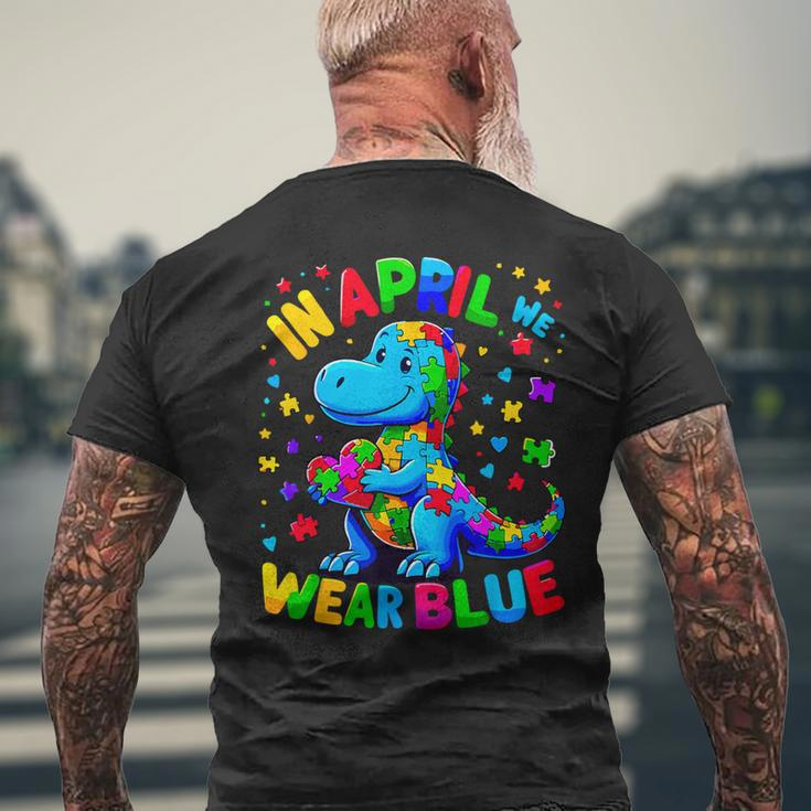 Autism Awareness In April We Wear Blue T-Rex Dinosaur Men's T-shirt Back Print Gifts for Old Men