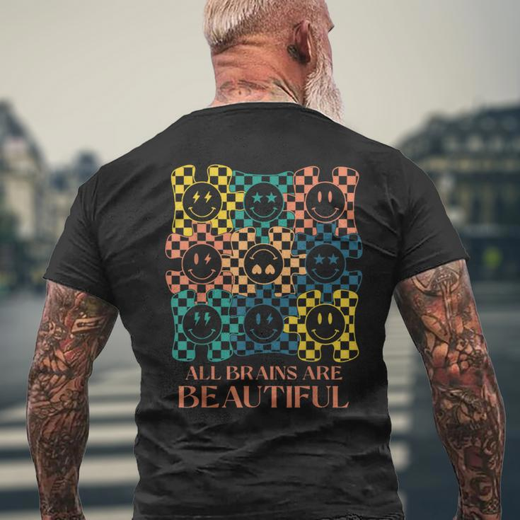 All Brains Are Beautiful Smile Face Autism Awareness Groovy Men's T-shirt Back Print Gifts for Old Men