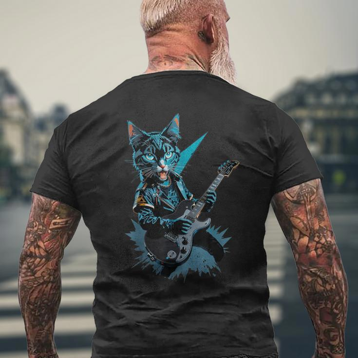 Cat Playing Electric Guitar Heavy Metal Rock Cat Lover Men's T-shirt Back Print Gifts for Old Men