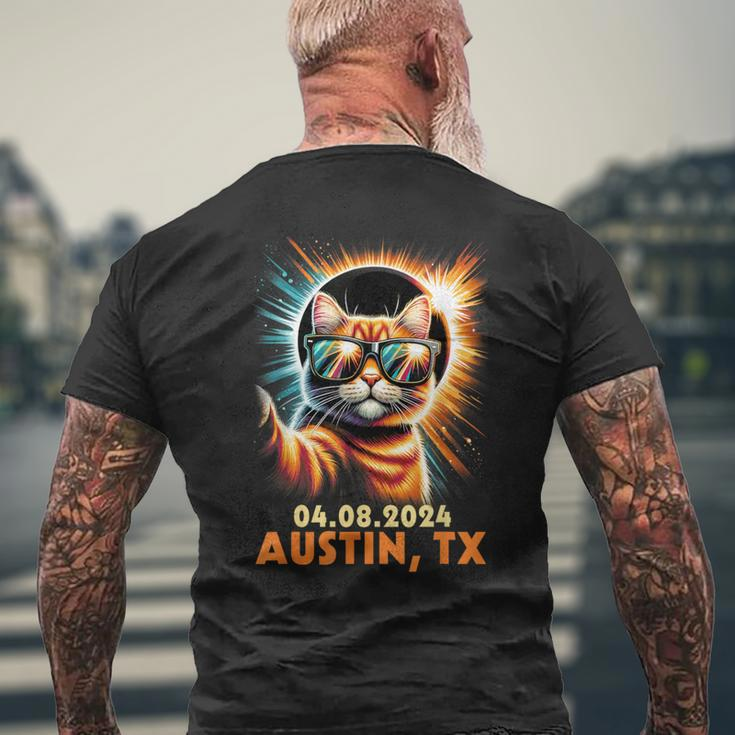 Cat Taking A Selfie Total Solar Eclipse 2024 Austin Texas Men's T-shirt Back Print Gifts for Old Men