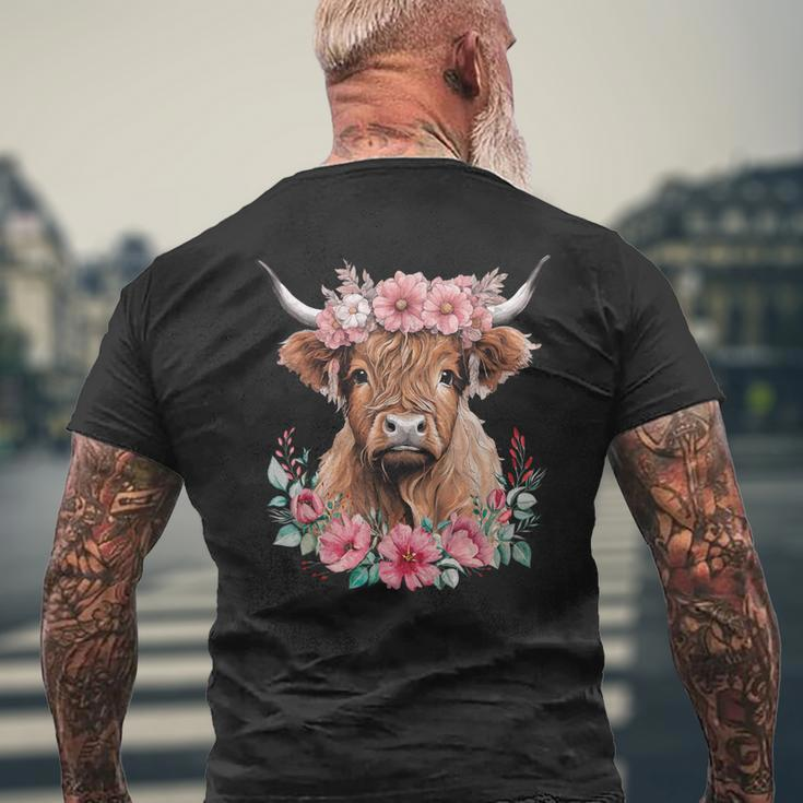 Cute Baby Highland Cow With Flowers Calf Animal Cow Women Men's T-shirt Back Print Gifts for Old Men