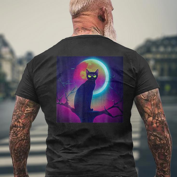 Cute Black Cat Spooky Yellow Purple Full Moon Logo Men's T-shirt Back Print Gifts for Old Men