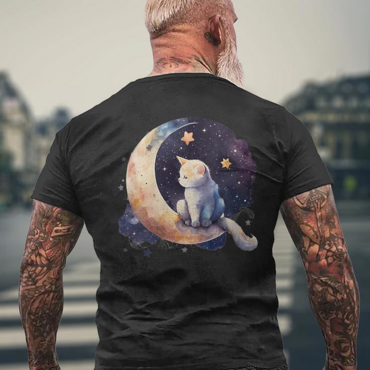 Cute Cat Crescent Moon Phases Purple Star Night Kawaii Cat Men's T-shirt Back Print Gifts for Old Men