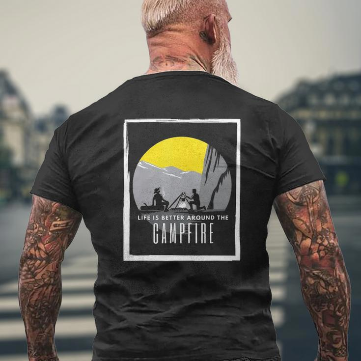 Dad And Son Outdoor Campfire On Mountain Summertime Mens Back Print T-shirt Gifts for Old Men