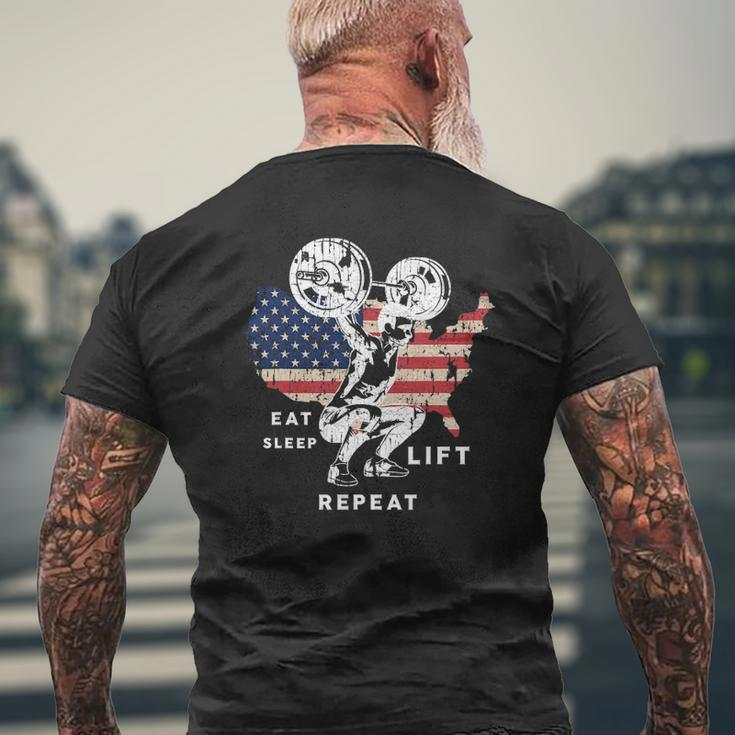 Eat Sleep Lift Repeat Gym American Workout Usa Flag Mens Back Print T-shirt Gifts for Old Men