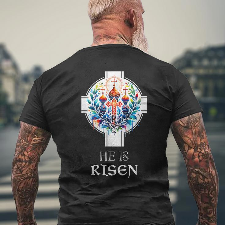 Er Ist Auferstandenes Kreuz Jesus Ostern Christliche Religiöse Männer Jugendliche T-Shirt mit Rückendruck Geschenke für alte Männer