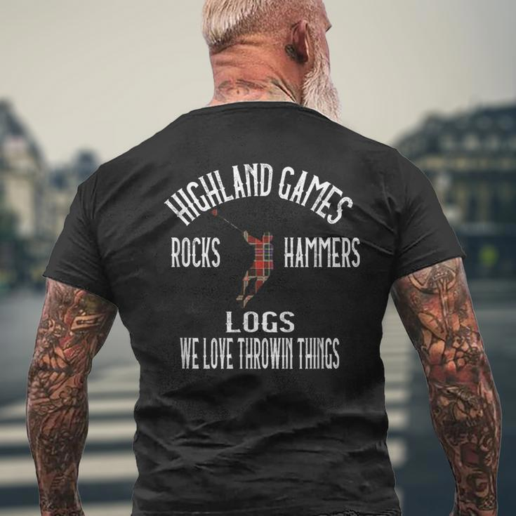 Highland Games Kilts Rocks Hammers Logs Humorous Men's T-shirt Back Print Gifts for Old Men