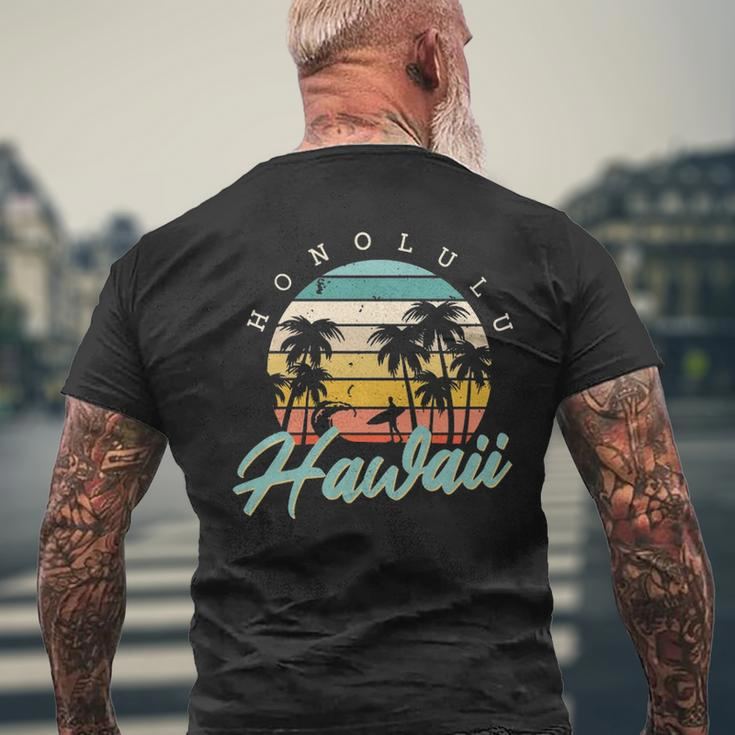 Honolulu Hawaii Surfing Oahu Island Aloha Sunset Palm Trees Men's T-shirt Back Print Gifts for Old Men