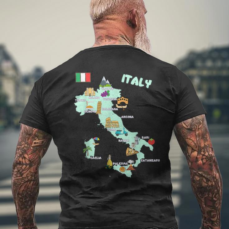 Italy Map Italian Landmarks Hand Drawn Symbols Cities Flag Men's T-shirt Back Print Gifts for Old Men