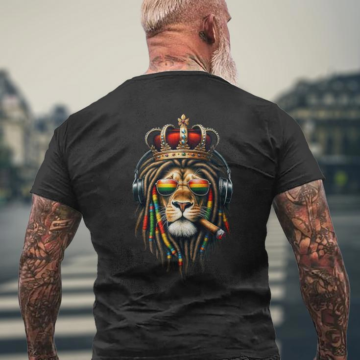 King Rasta Reggae Rastafarian Music Headphones Lion Of Judah Men's T-shirt Back Print Gifts for Old Men