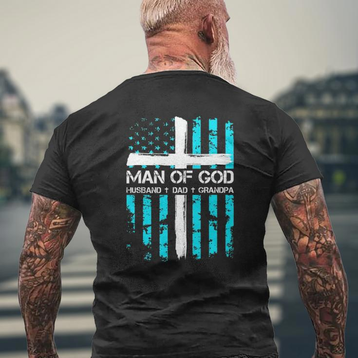 Man Of God Husband Dad Grandpa American Flag Christian Cross Mens Back Print T-shirt Gifts for Old Men