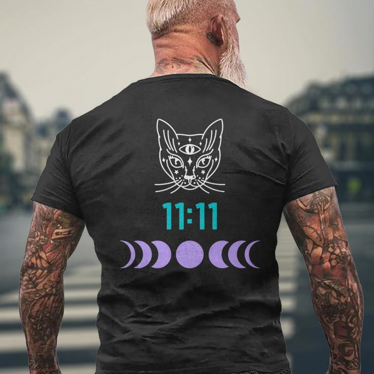 Manifestation Cat And Moon Phase 11 11 Eleven Eleven Purple Men's T-shirt Back Print Gifts for Old Men