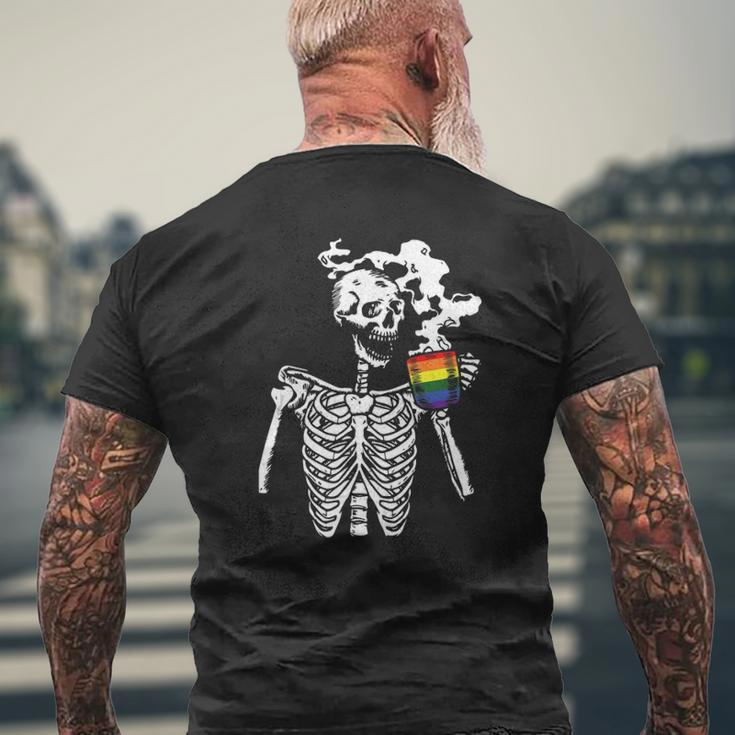 Skeleton Drinking Coffee Gay Pride Skull Lgbt-Q Ally Mens Back Print T-shirt Gifts for Old Men
